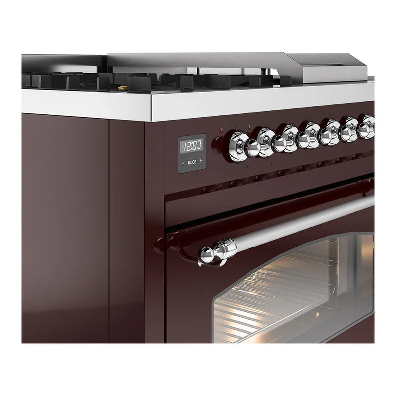 ILVE Nostalgie II 48" Dual Fuel Freestanding Range in Burgundy with Chrome Trim, UP48FSNMPBUC