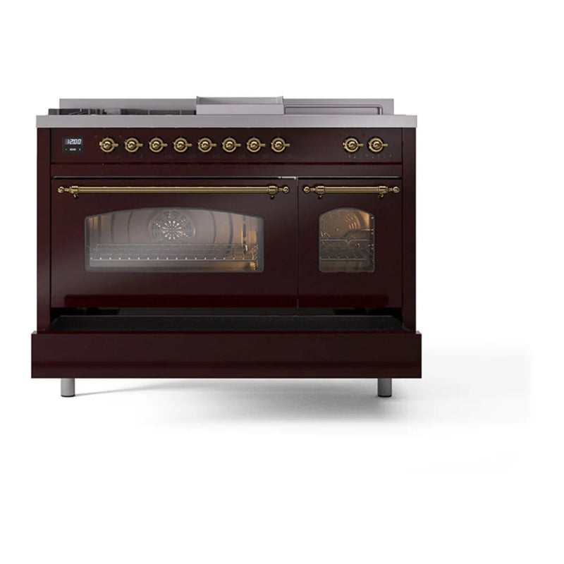 ILVE Nostalgie II 48" Dual Fuel Freestanding Range in Burgundy with Brass Trim, UP48FSNMPBUGLP