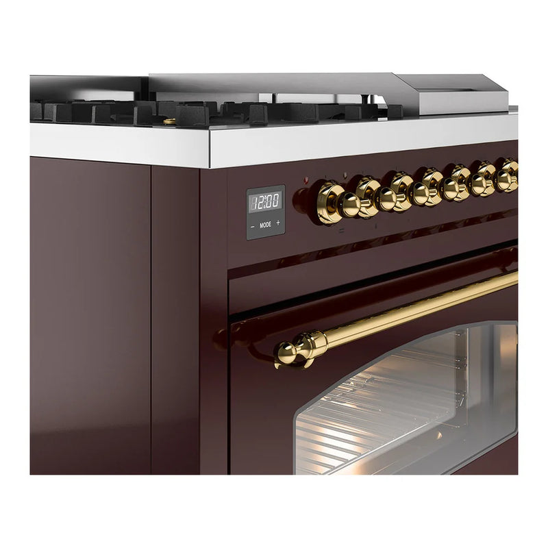 ILVE Nostalgie II 48" Dual Fuel Freestanding Range in Burgundy with Brass Trim, UP48FSNMPBUGLP