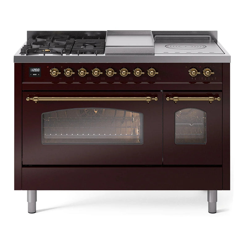 ILVE Nostalgie II 48" Dual Fuel Freestanding Range in Burgundy with Brass Trim, UP48FSNMPBUG