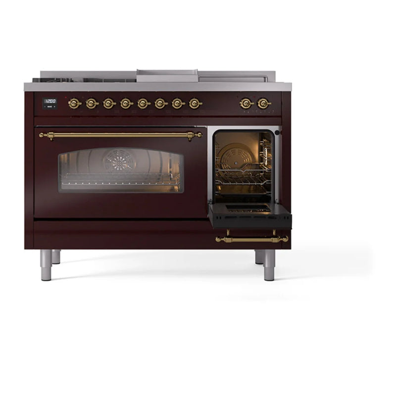 ILVE Nostalgie II 48" Dual Fuel Freestanding Range in Burgundy with Brass Trim, UP48FSNMPBUG