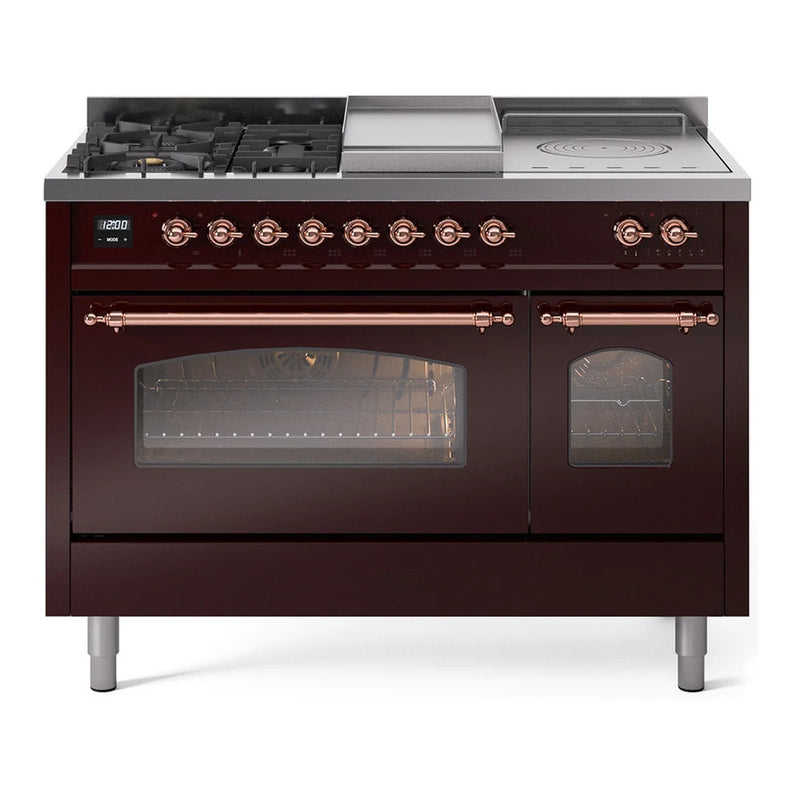 ILVE Nostalgie II 48" Dual Fuel Freestanding Range in Burgundy with Copper Trim, UP48FSNMPBUPLP