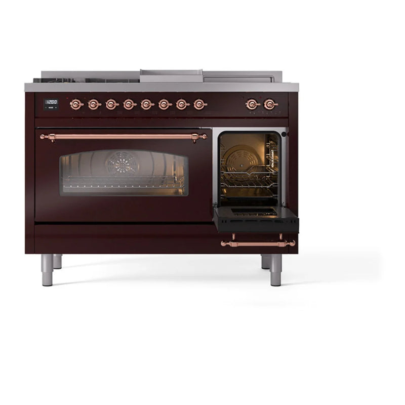 ILVE Nostalgie II 48" Dual Fuel Freestanding Range in Burgundy with Copper Trim, UP48FSNMPBUPLP
