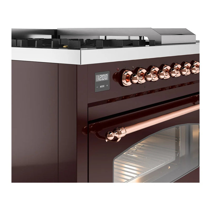 ILVE Nostalgie II 48" Dual Fuel Freestanding Range in Burgundy with Copper Trim, UP48FSNMPBUP