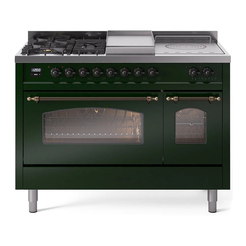 ILVE Nostalgie II 48" Dual Fuel Freestanding Range in Emerald Green with Burnished Trim, UP48FSNMPEGBLP
