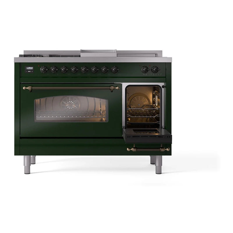 ILVE Nostalgie II 48" Dual Fuel Freestanding Range in Emerald Green with Burnished Trim, UP48FSNMPEGBLP