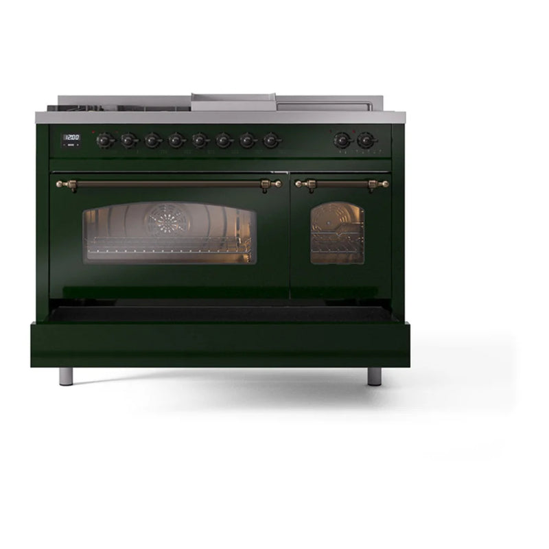 ILVE Nostalgie II 48" Dual Fuel Freestanding Range in Emerald Green with Burnished Trim, UP48FSNMPEGBLP