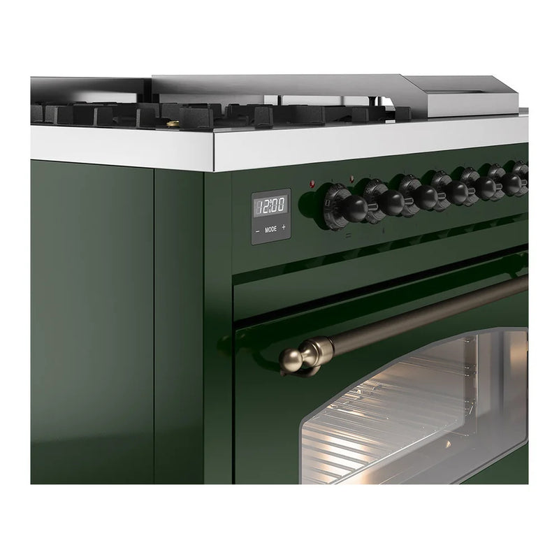 ILVE Nostalgie II 48" Dual Fuel Freestanding Range in Emerald Green with Burnished Trim, UP48FSNMPEGB