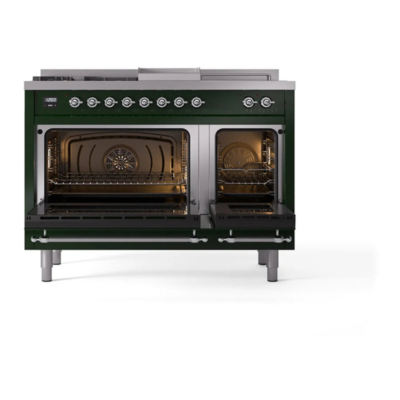 ILVE Nostalgie II 48" Dual Fuel Freestanding Range in Emerald Green with Chrome Trim, UP48FSNMPEGCLP