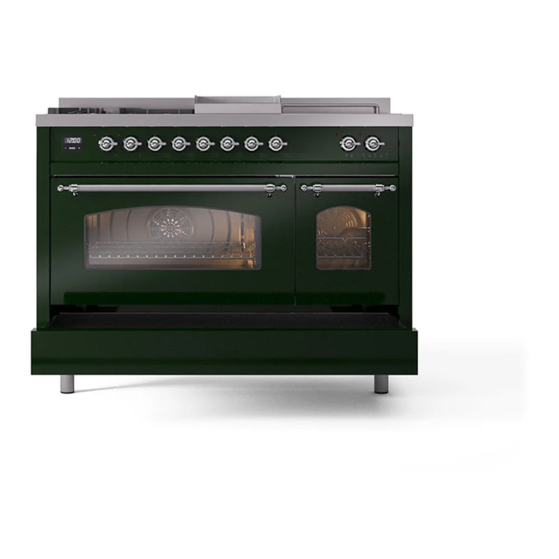 ILVE Nostalgie II 48" Dual Fuel Freestanding Range in Emerald Green with Chrome Trim, UP48FSNMPEGCLP