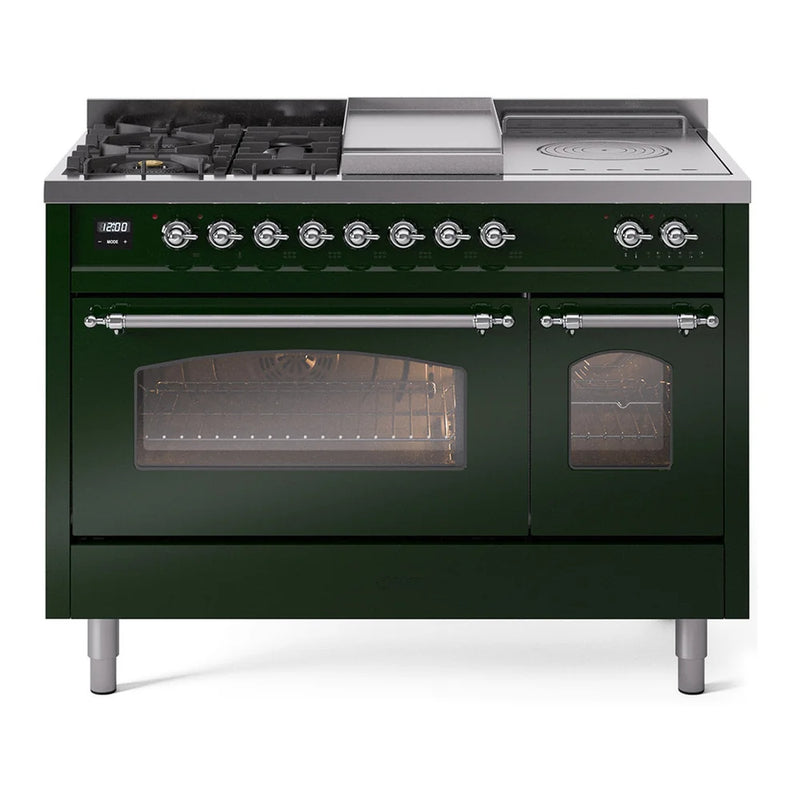 ILVE Nostalgie II 48" Dual Fuel Freestanding Range in Emerald Green with Chrome Trim, UP48FSNMPEGC