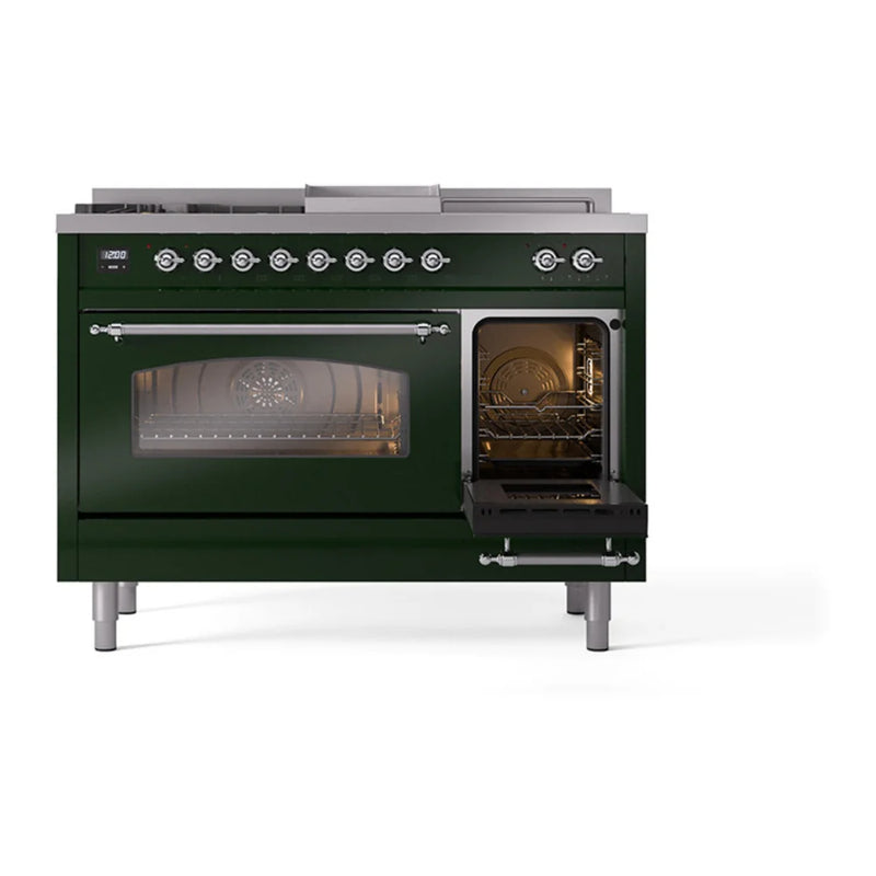 ILVE Nostalgie II 48" Dual Fuel Freestanding Range in Emerald Green with Chrome Trim, UP48FSNMPEGC