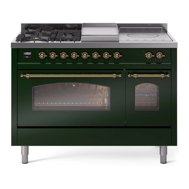ILVE Nostalgie II 48" Dual Fuel Freestanding Range in Emerald Green with Brass Trim, UP48FSNMPEGG