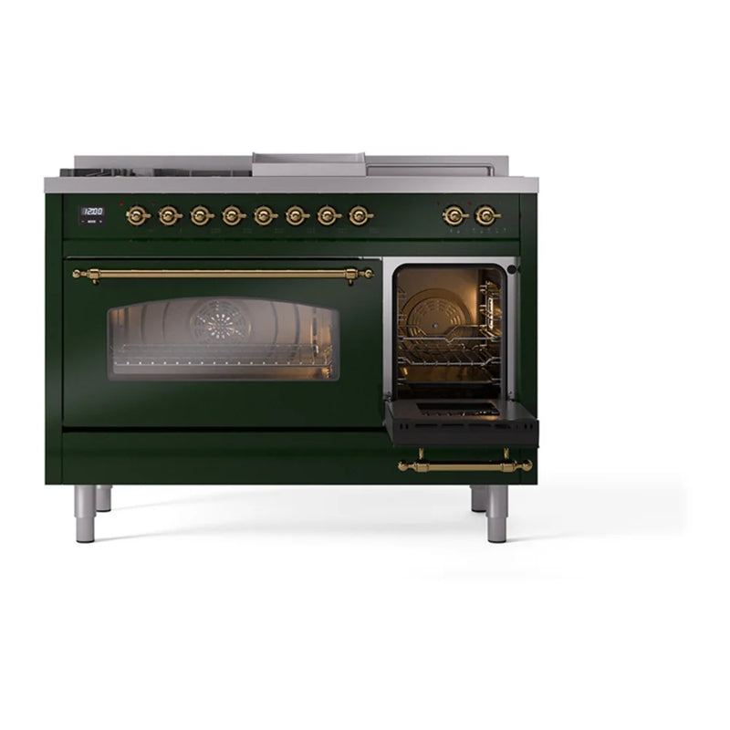 ILVE Nostalgie II 48" Dual Fuel Freestanding Range in Emerald Green with Brass Trim, UP48FSNMPEGG