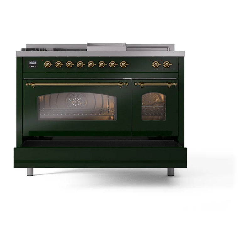 ILVE Nostalgie II 48" Dual Fuel Freestanding Range in Emerald Green with Brass Trim, UP48FSNMPEGG