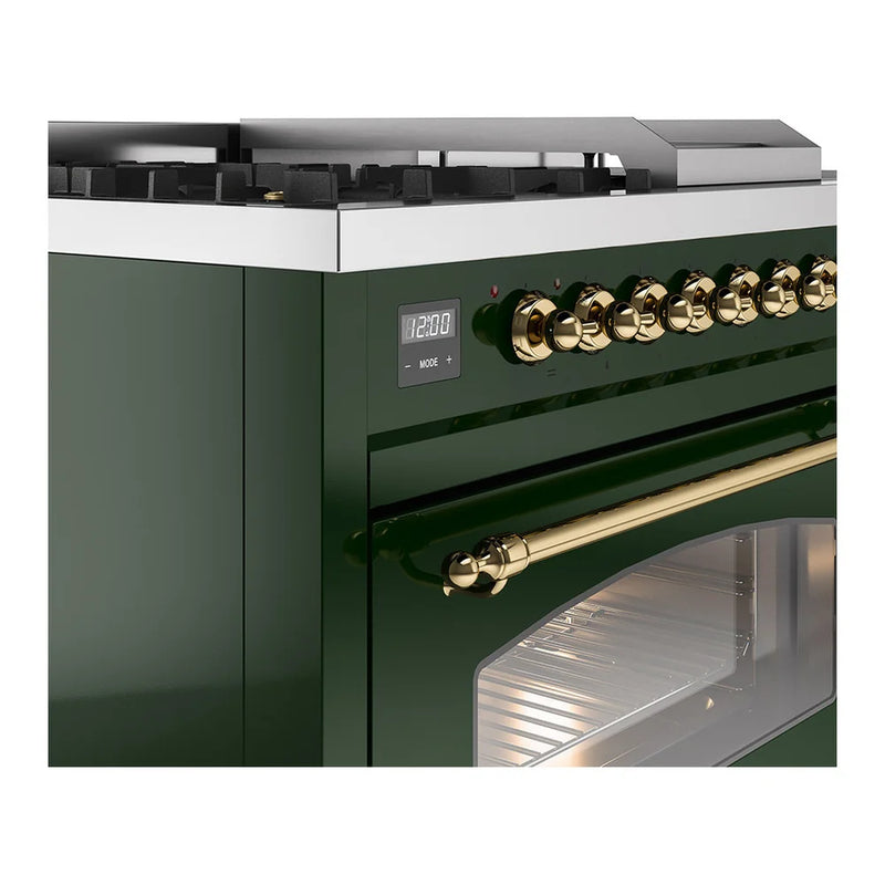 ILVE Nostalgie II 48" Dual Fuel Freestanding Range in Emerald Green with Brass Trim, UP48FSNMPEGG