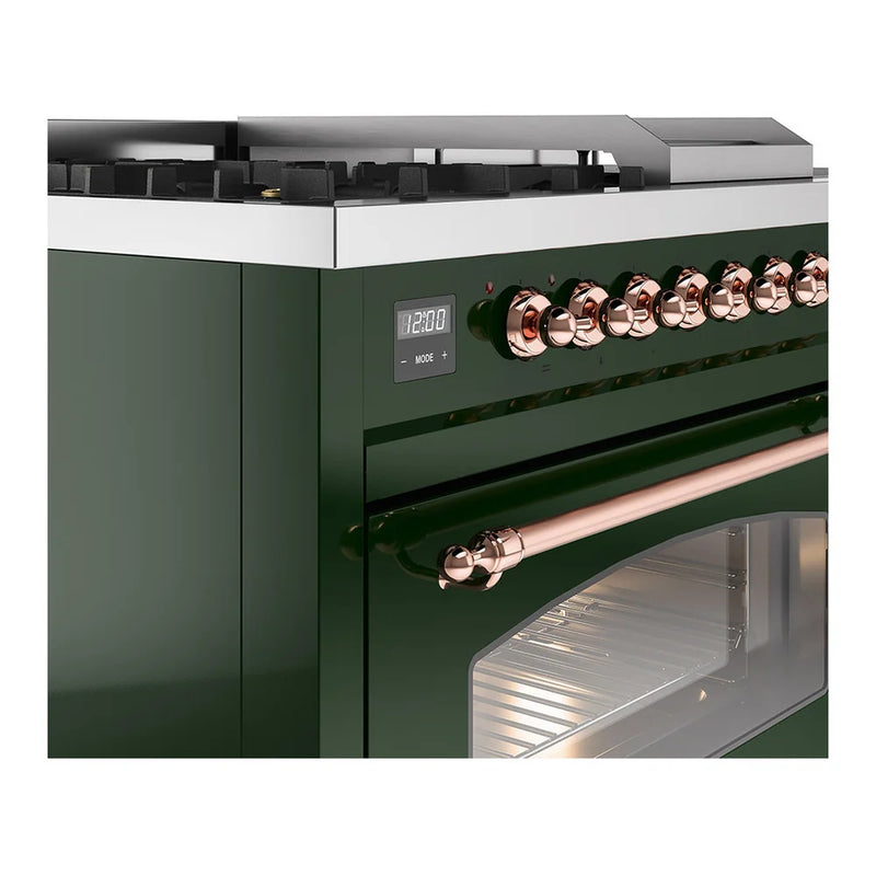 ILVE Nostalgie II 48" Dual Fuel Freestanding Range in Emerald Green with Copper Trim, UP48FSNMPEGPLP
