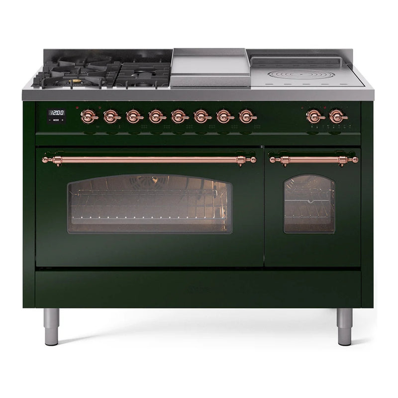 ILVE Nostalgie II 48" Dual Fuel Freestanding Range in Emerald Green with Copper Trim, UP48FSNMPEGP