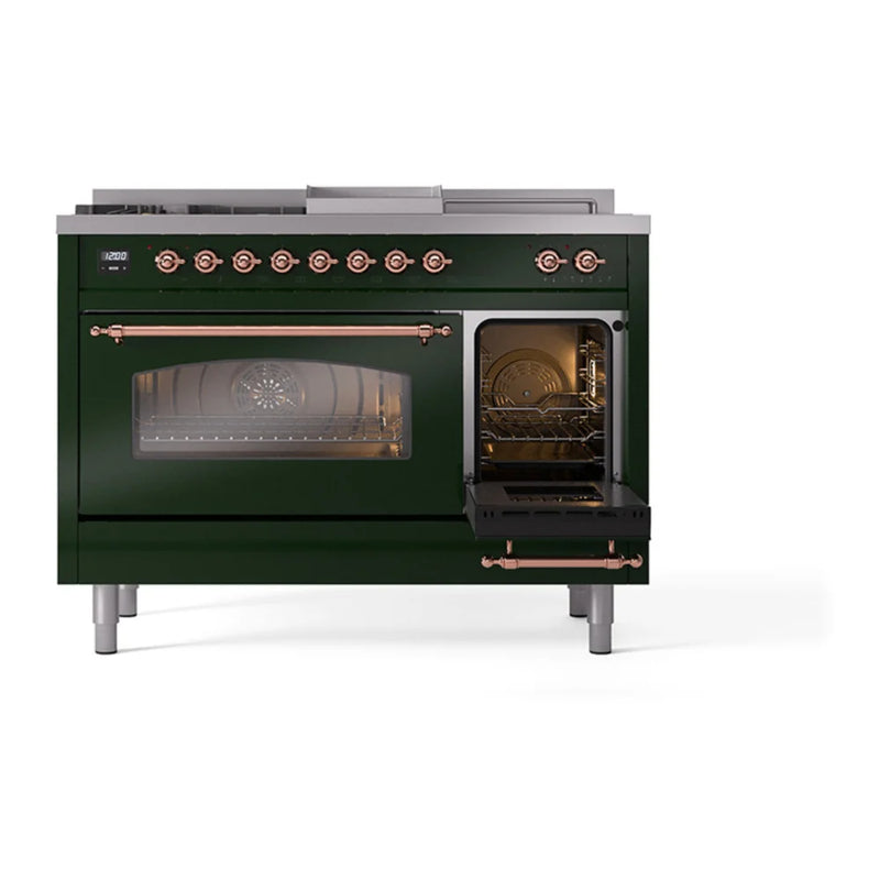 ILVE Nostalgie II 48" Dual Fuel Freestanding Range in Emerald Green with Copper Trim, UP48FSNMPEGP