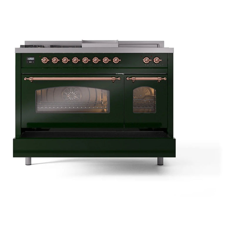 ILVE Nostalgie II 48" Dual Fuel Freestanding Range in Emerald Green with Copper Trim, UP48FSNMPEGP