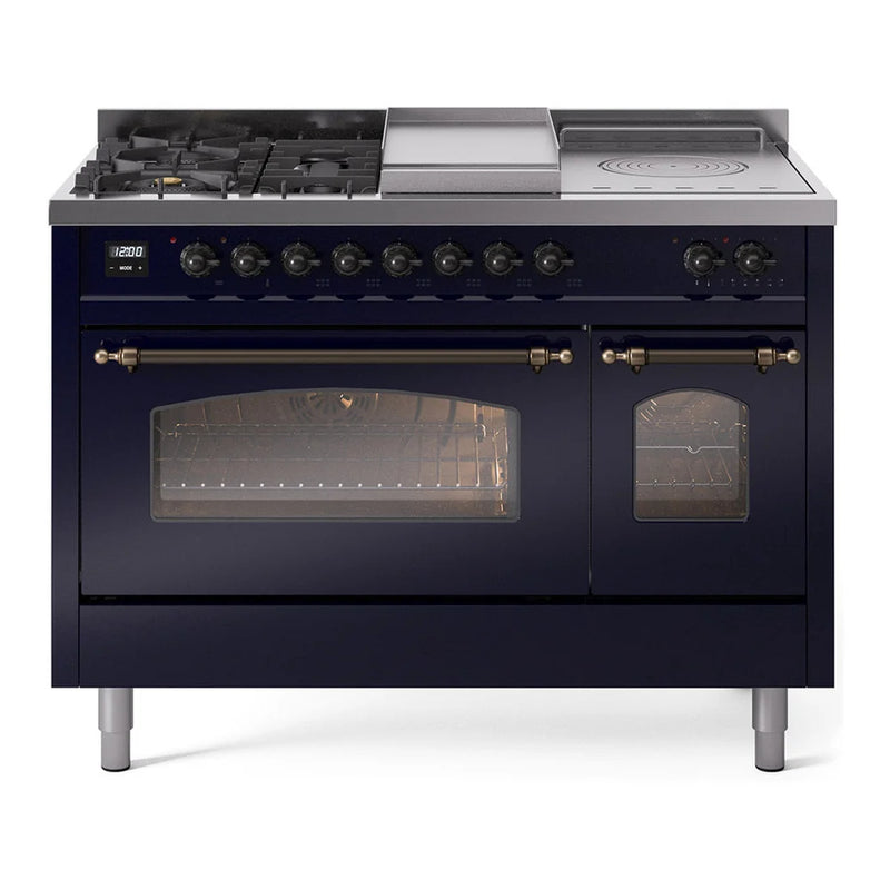 ILVE Nostalgie II 48" Dual Fuel Freestanding Range in Midnight Blue with Burnished Trim, UP48FSNMPMBB