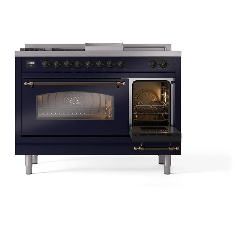 ILVE Nostalgie II 48" Dual Fuel Freestanding Range in Midnight Blue with Burnished Trim, UP48FSNMPMBB