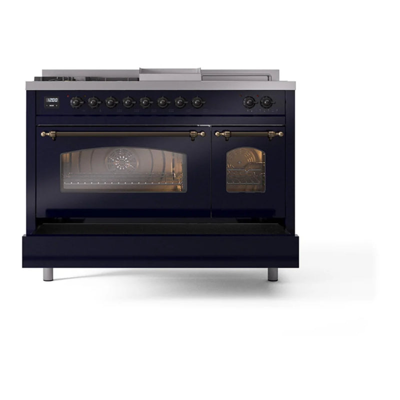 ILVE Nostalgie II 48" Dual Fuel Freestanding Range in Midnight Blue with Burnished Trim, UP48FSNMPMBB