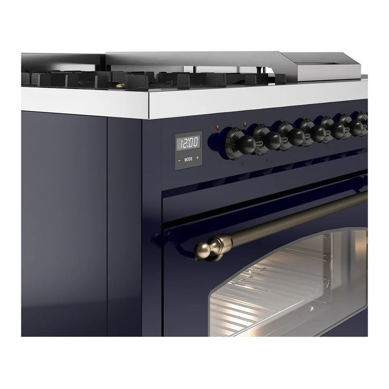 ILVE Nostalgie II 48" Dual Fuel Freestanding Range in Midnight Blue with Burnished Trim, UP48FSNMPMBB