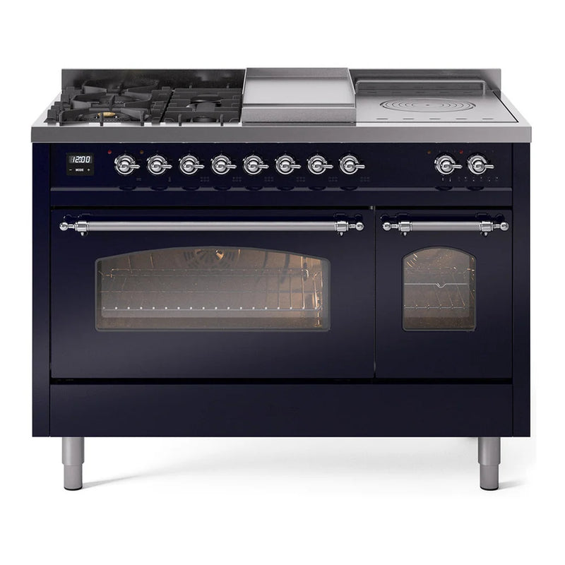 ILVE Nostalgie II 48" Dual Fuel Freestanding Range in Midnight Blue with Chrome Trim, UP48FSNMPMBCLP