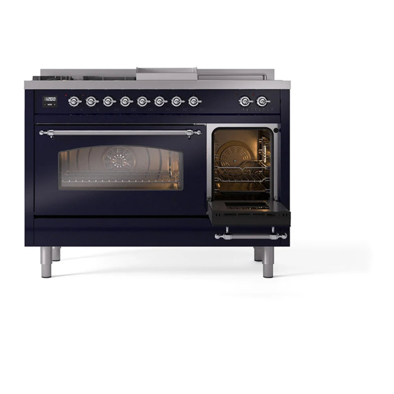 ILVE Nostalgie II 48" Dual Fuel Freestanding Range in Midnight Blue with Chrome Trim, UP48FSNMPMBCLP