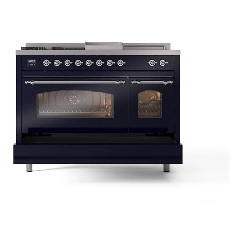 ILVE Nostalgie II 48" Dual Fuel Freestanding Range in Midnight Blue with Chrome Trim, UP48FSNMPMBCLP