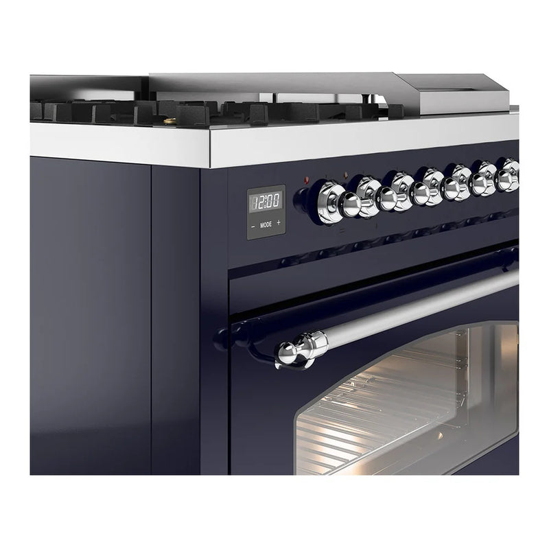 ILVE Nostalgie II 48" Dual Fuel Freestanding Range in Midnight Blue with Chrome Trim, UP48FSNMPMBCLP