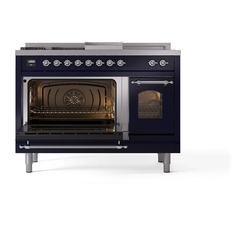 ILVE Nostalgie II 48" Dual Fuel Freestanding Range in Midnight Blue with Chrome Trim, UP48FSNMPMBC