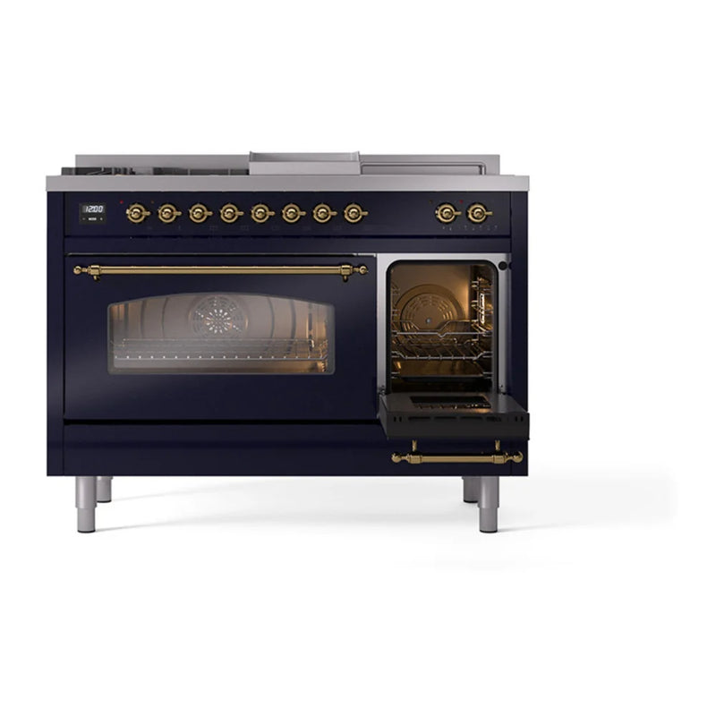 ILVE Nostalgie II 48" Dual Fuel Freestanding Range in Midnight Blue with Brass Trim, UP48FSNMPMBGLP