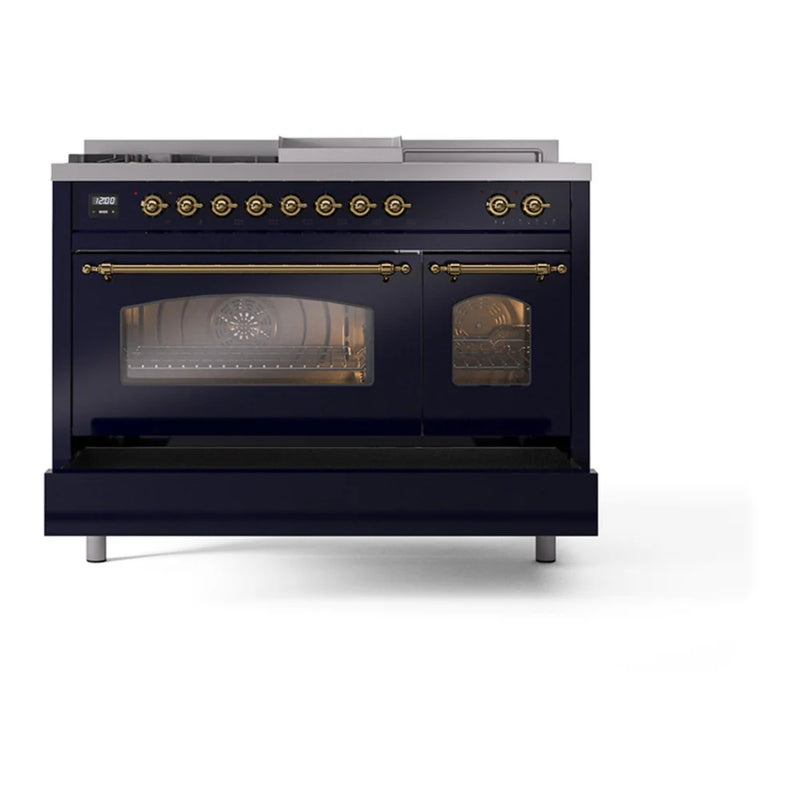 ILVE Nostalgie II 48" Dual Fuel Freestanding Range in Midnight Blue with Brass Trim, UP48FSNMPMBGLP