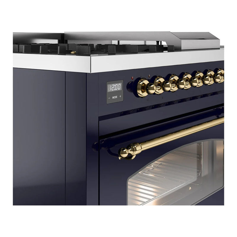 ILVE Nostalgie II 48" Dual Fuel Freestanding Range in Midnight Blue with Brass Trim, UP48FSNMPMBGLP