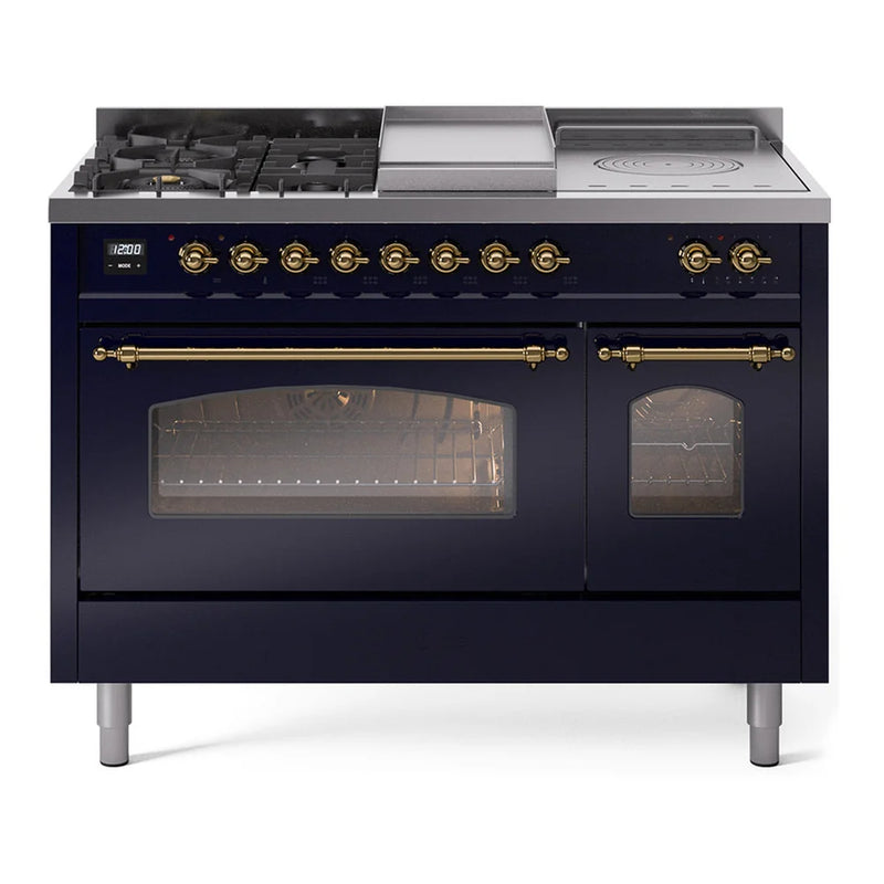 ILVE Nostalgie II 48" Dual Fuel Freestanding Range in Midnight Blue with Brass Trim, UP48FSNMPMBG