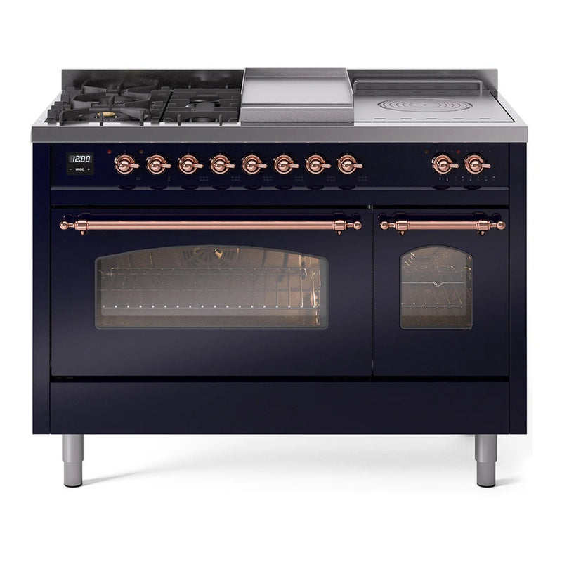 ILVE Nostalgie II 48" Dual Fuel Freestanding Range in Midnight Blue with Copper Trim, UP48FSNMPMBPLP