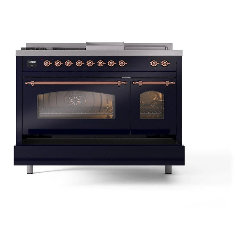 ILVE Nostalgie II 48" Dual Fuel Freestanding Range in Midnight Blue with Copper Trim, UP48FSNMPMBPLP