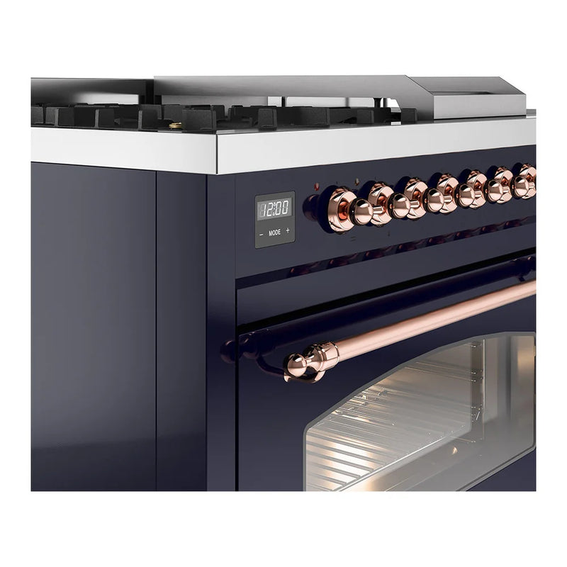 ILVE Nostalgie II 48" Dual Fuel Freestanding Range in Midnight Blue with Copper Trim, UP48FSNMPMBPLP
