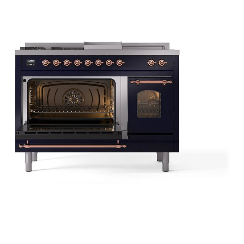 ILVE Nostalgie II 48" Dual Fuel Freestanding Range in Midnight Blue with Copper Trim, UP48FSNMPMBP