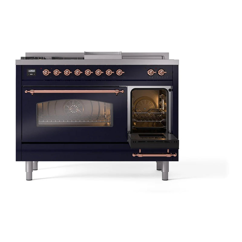 ILVE Nostalgie II 48" Dual Fuel Freestanding Range in Midnight Blue with Copper Trim, UP48FSNMPMBP