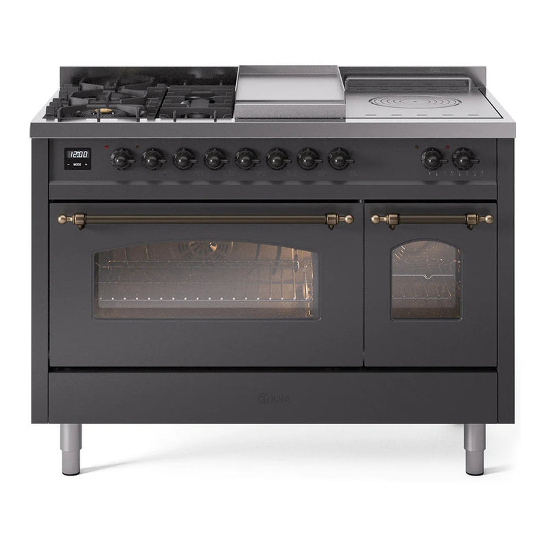 ILVE Nostalgie II 48" Dual Fuel Freestanding Range in Graphite Matte with Burnished Trim, UP48FSNMPMGBLP