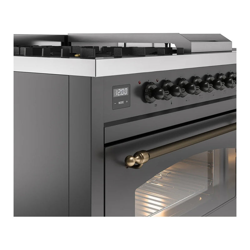 ILVE Nostalgie II 48" Dual Fuel Freestanding Range in Graphite Matte with Burnished Trim, UP48FSNMPMGBLP