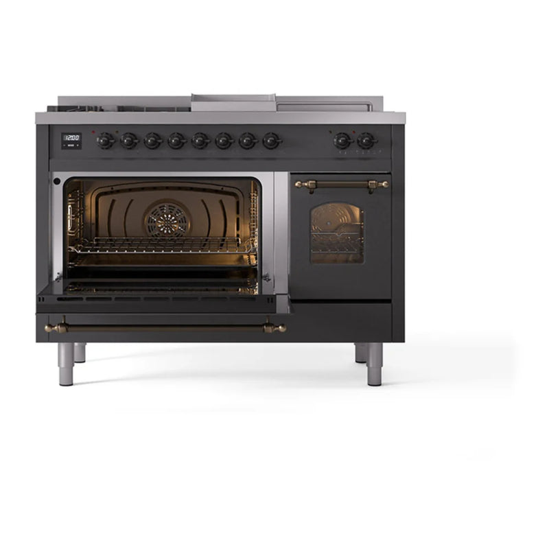 ILVE Nostalgie II 48" Dual Fuel Freestanding Range in Graphite Matte with Burnished Trim, UP48FSNMPMGB