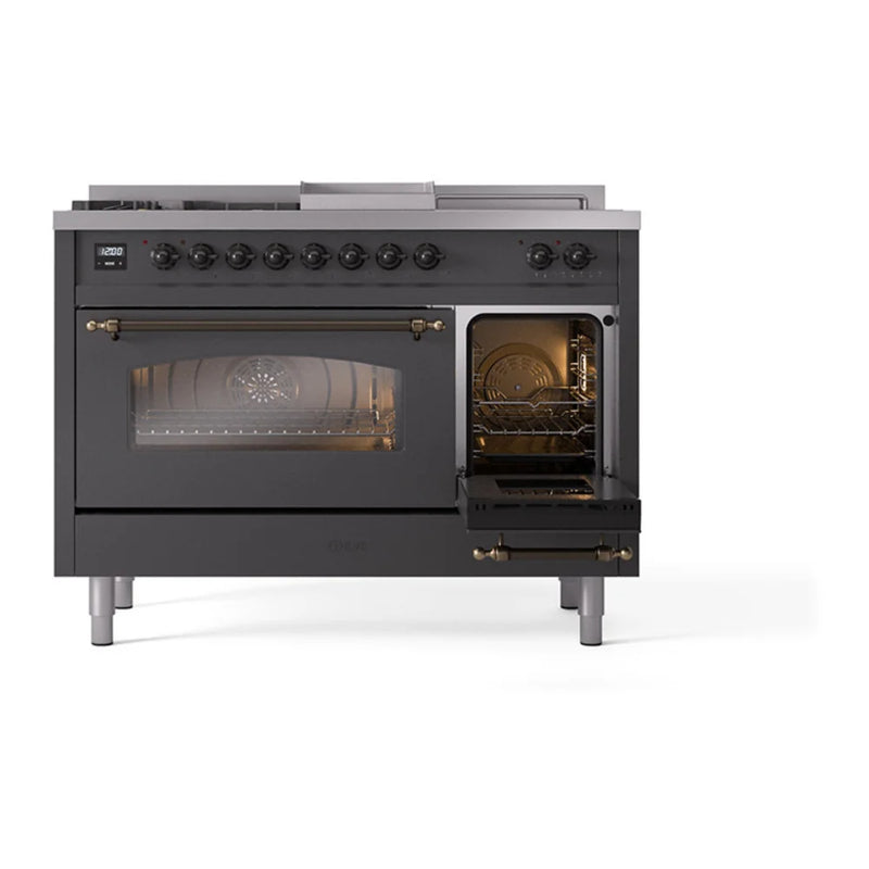 ILVE Nostalgie II 48" Dual Fuel Freestanding Range in Graphite Matte with Burnished Trim, UP48FSNMPMGB