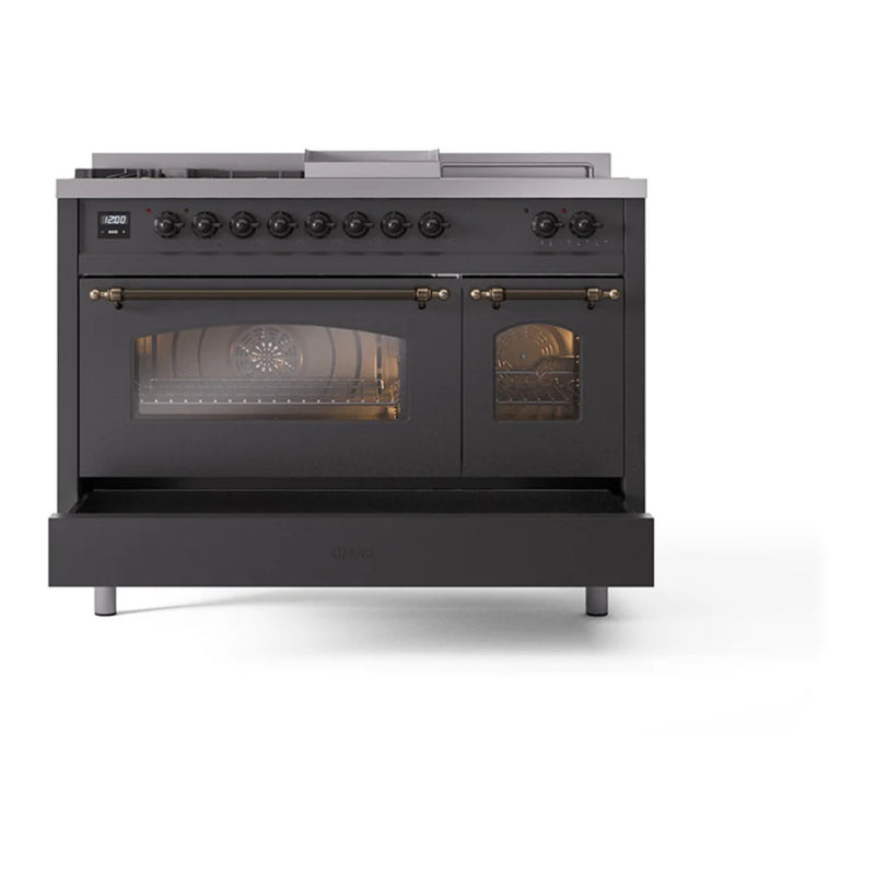 ILVE Nostalgie II 48" Dual Fuel Freestanding Range in Graphite Matte with Burnished Trim, UP48FSNMPMGB