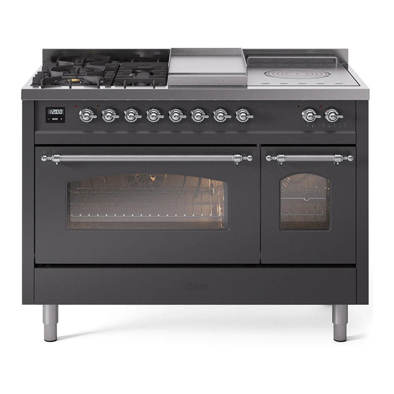 ILVE Nostalgie II 48" Dual Fuel Freestanding Range in Graphite Matte with Chrome Trim, UP48FSNMPMGCLP