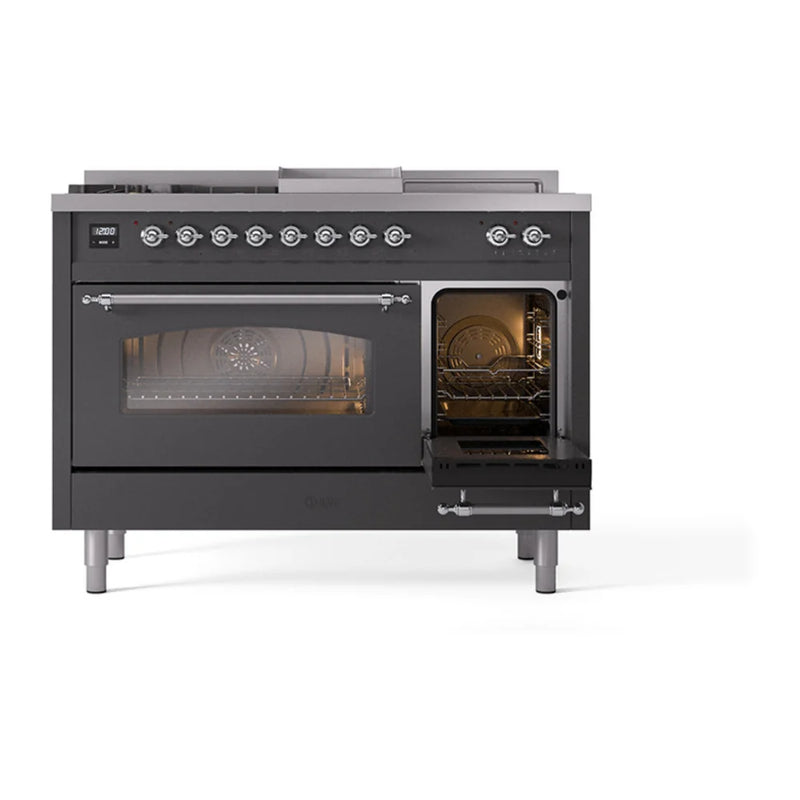 ILVE Nostalgie II 48" Dual Fuel Freestanding Range in Graphite Matte with Chrome Trim, UP48FSNMPMGCLP