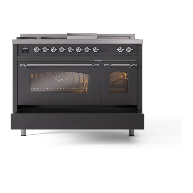 ILVE Nostalgie II 48" Dual Fuel Freestanding Range in Graphite Matte with Chrome Trim, UP48FSNMPMGC